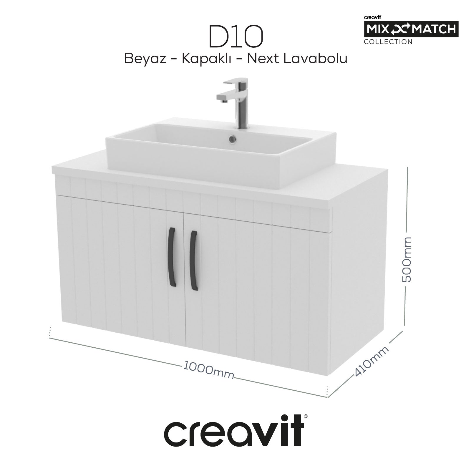 D10 Next Lavabo Dolabı Kapaklı 100 cm Beyaz Melamin Gövde Lake Kapak