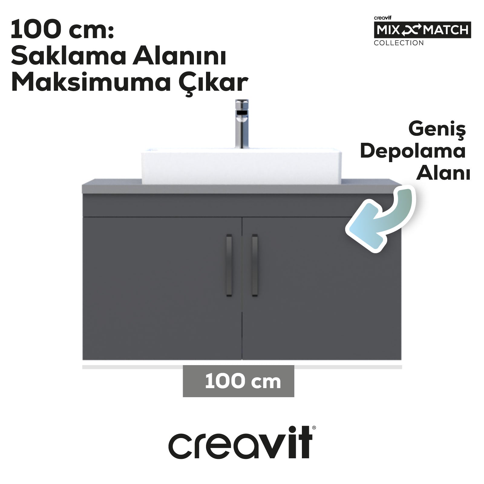D10 Next Waschtischunterschrank mit Deckel 100cm Korpus Melamin grau Deckel anthrazit