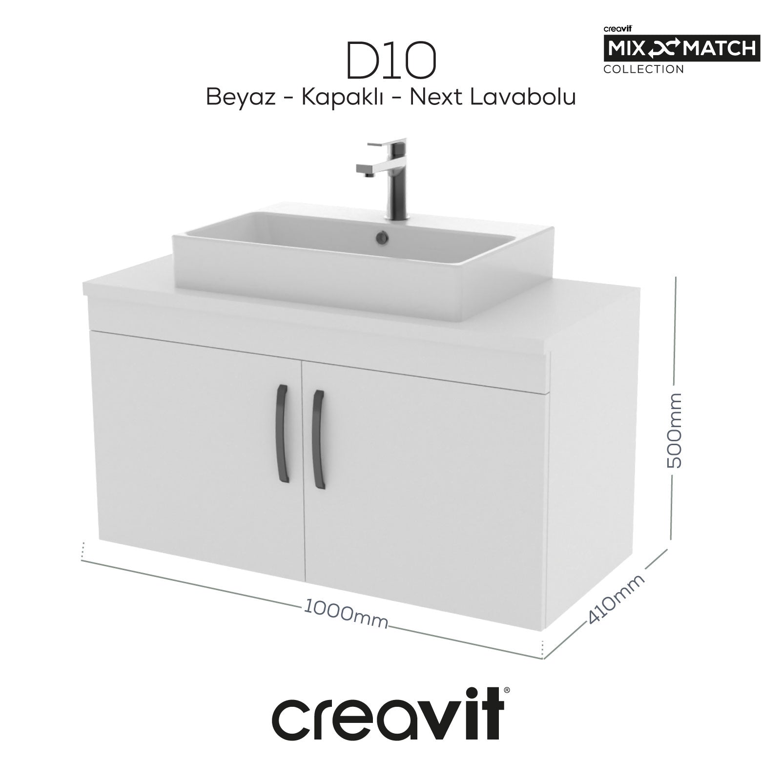 D10 Next Lavabo Dolabı Kapaklı 100 cm Melamin Gövde Beyaz