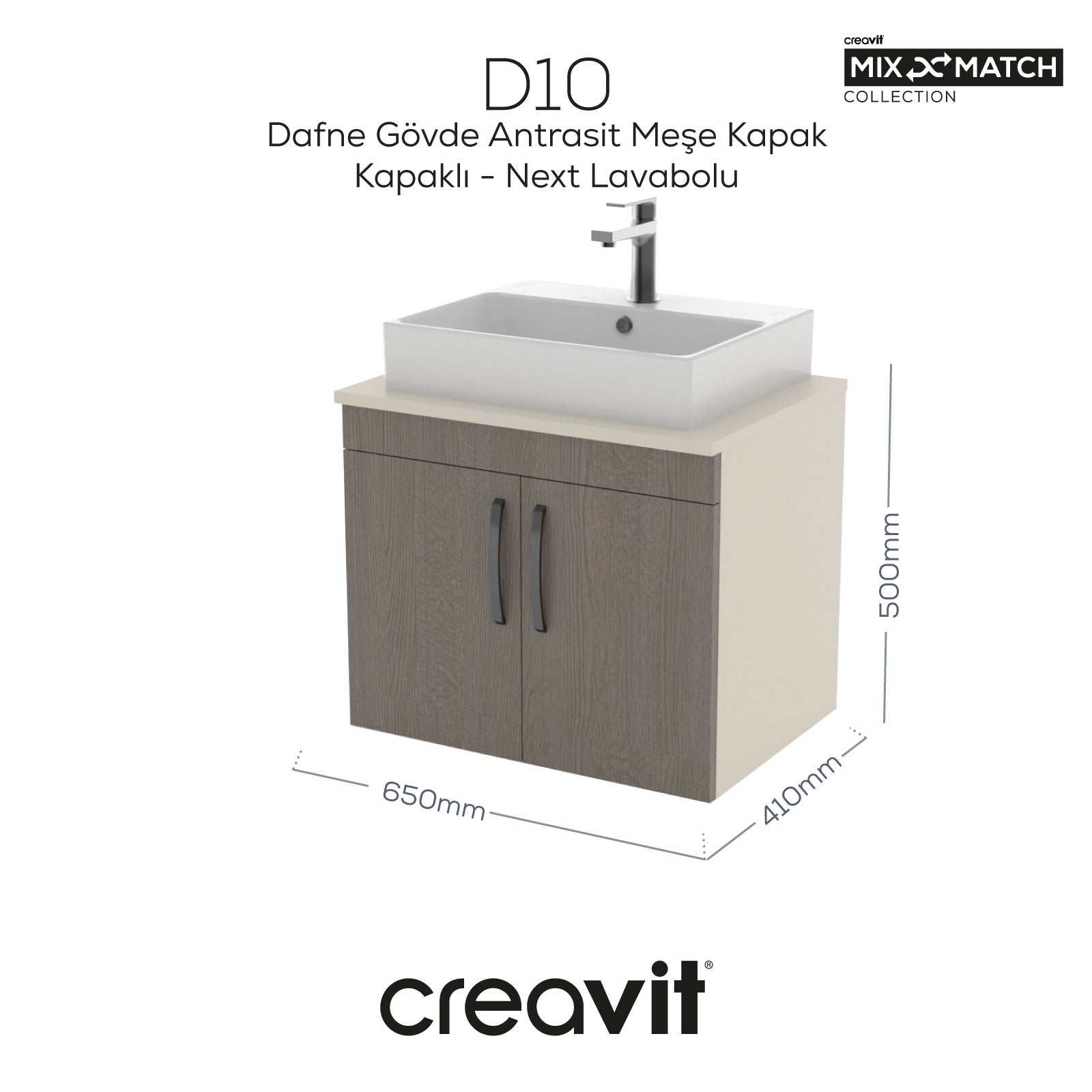 D10 Next Washbasin Cabinet with Door 65 cm Dafne Body Anthracite Oak Door