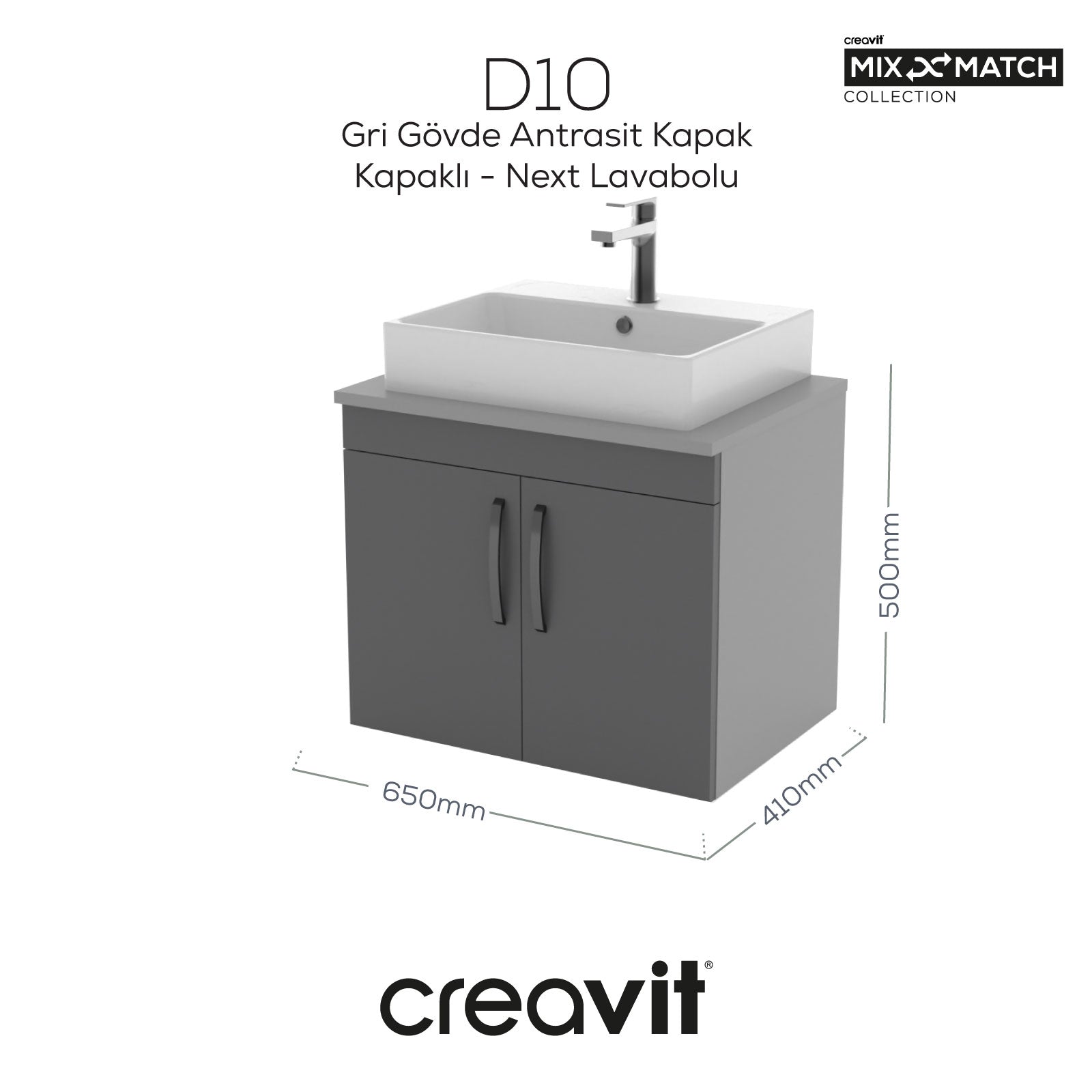 D10 Next Sink Cabinet with Door 65 cm Gray Body Anthracite Cover