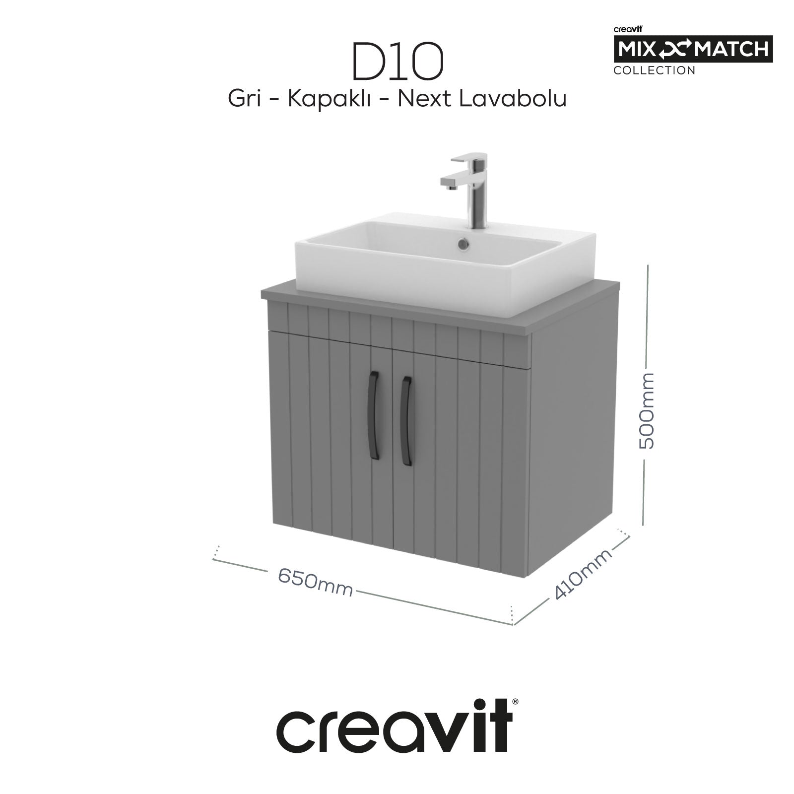 D10 Next Lavabo Dolabı Kapaklı 65 cm Gri Gövde Lake Kapak