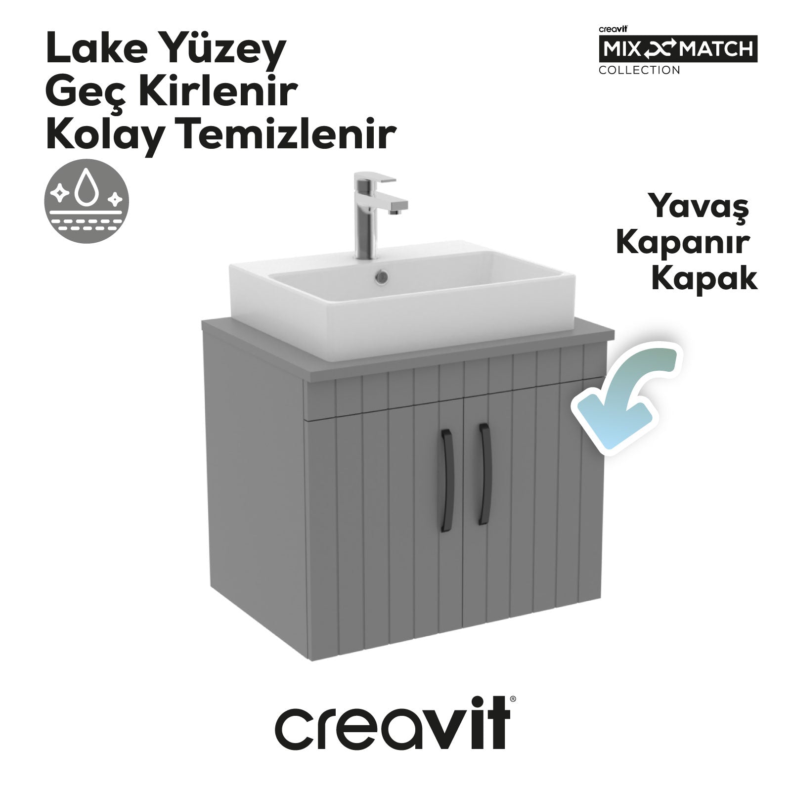 D10 Next Lavabo Dolabı Kapaklı 65 cm Gri Gövde Lake Kapak