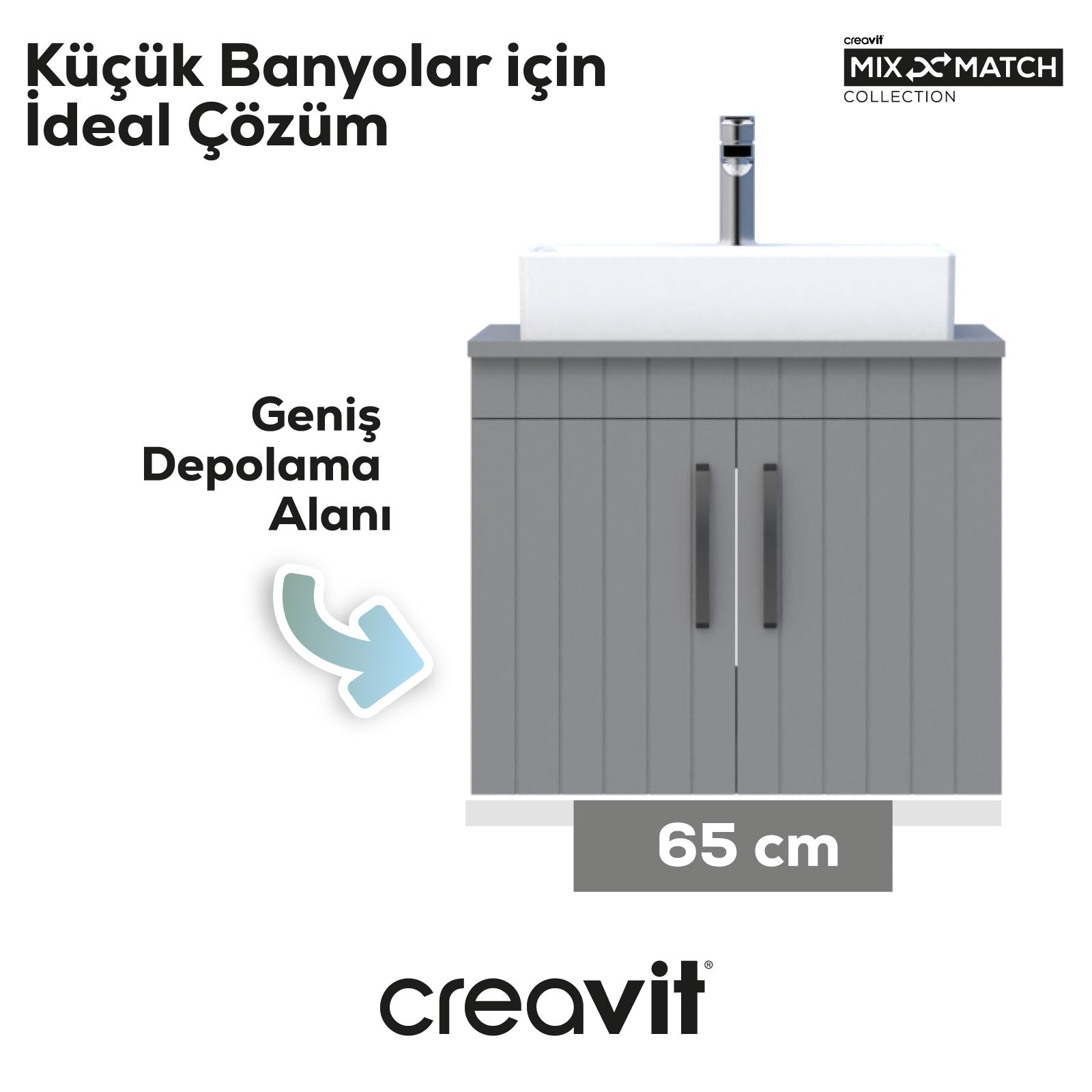 D10 Next Lavabo Dolabı Kapaklı 65 cm Gri Gövde Lake Kapak