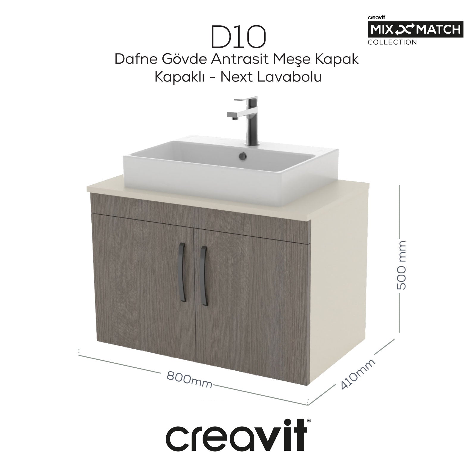 D10 Next Washbasin Cabinet with Door 80 cm Dafne Body Anthracite Oak Door