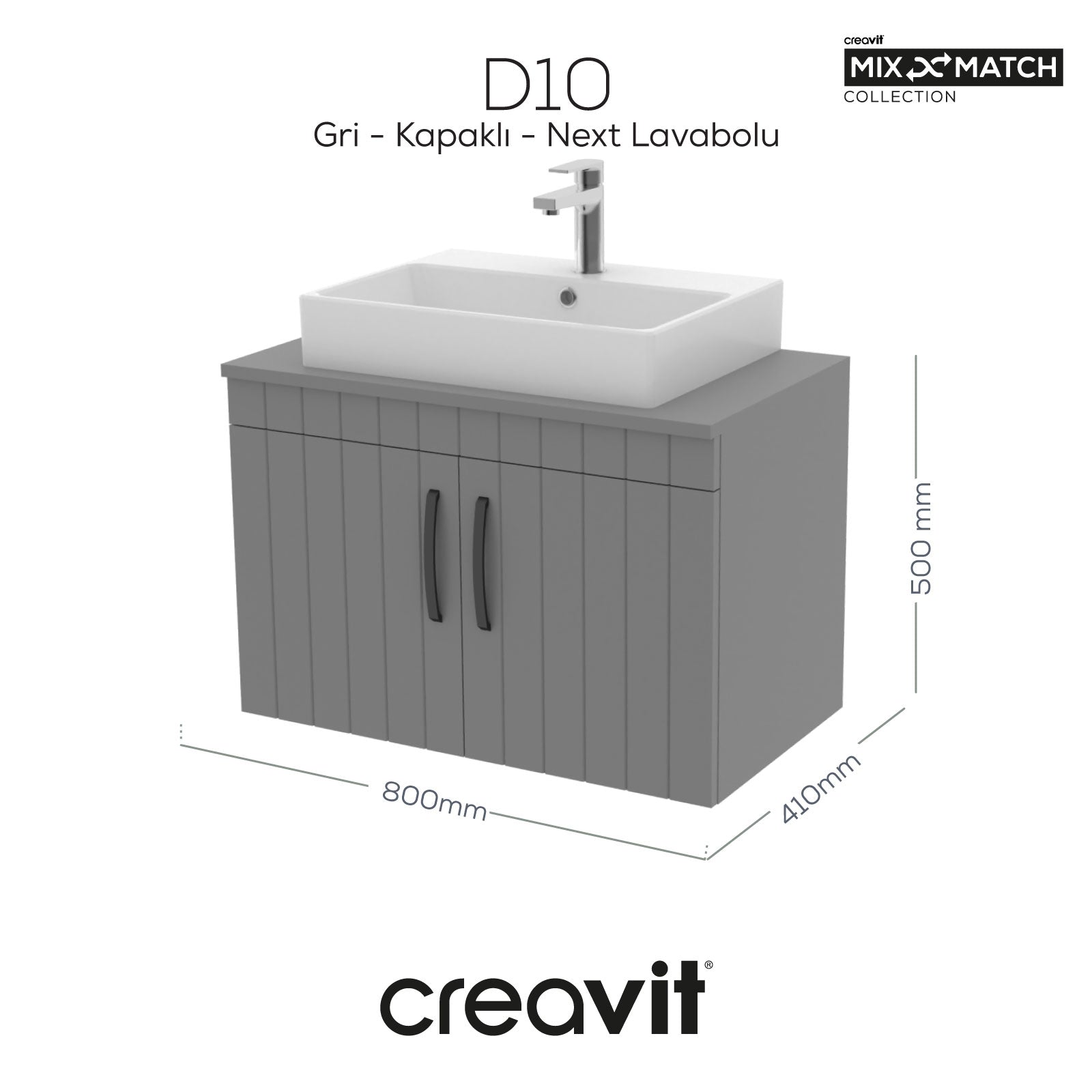 D10 Next Lavabo Dolabı Kapaklı 80 cm Gri Gövde Lake Kapak