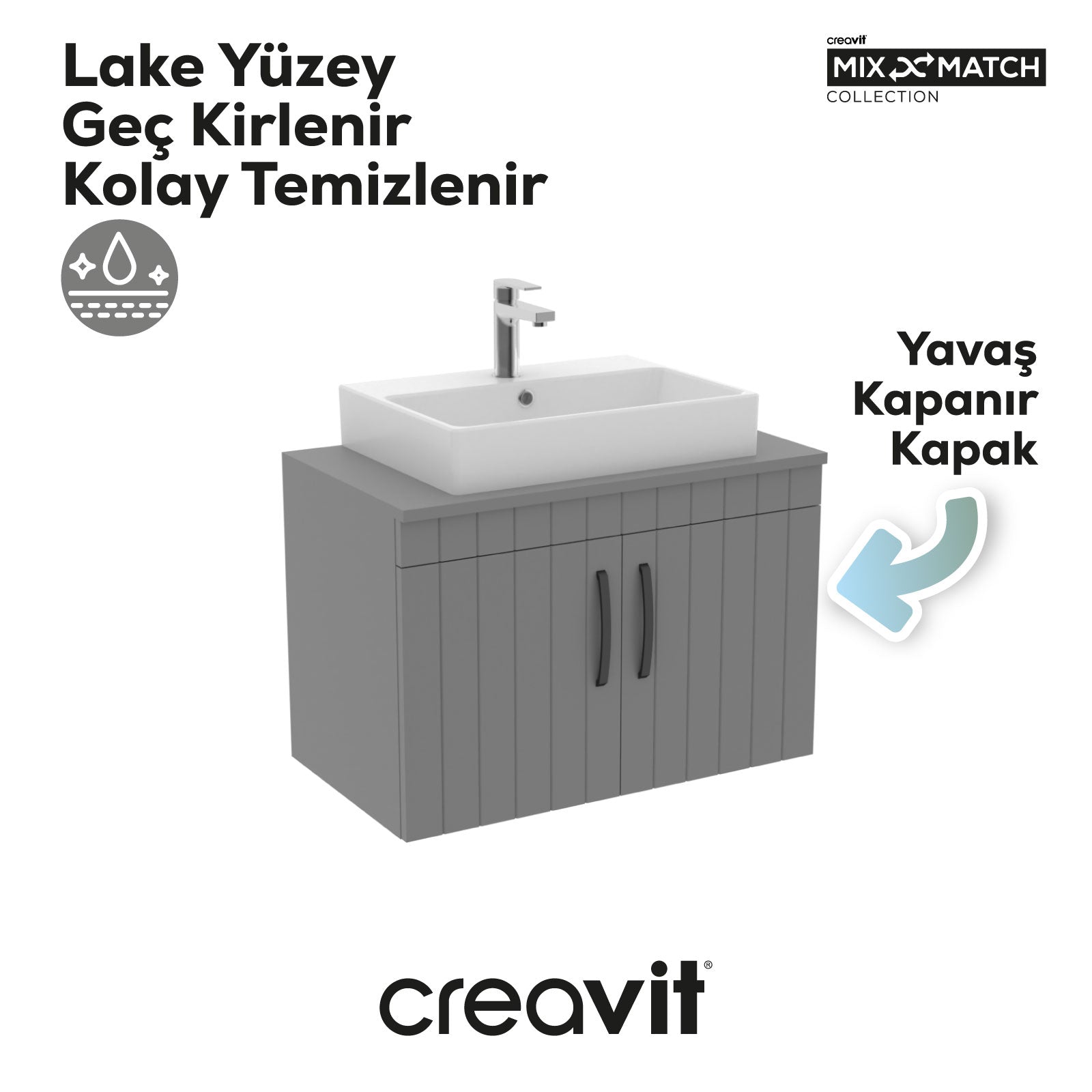 D10 Next Lavabo Dolabı Kapaklı 80 cm Gri Gövde Lake Kapak