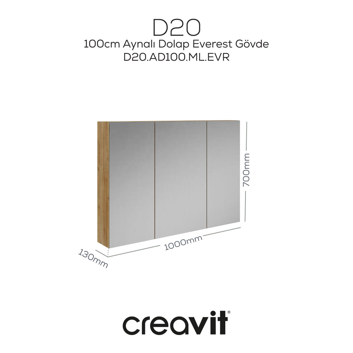 D20 100 Cm Everest Aynalı Dolap Melamin Gövde