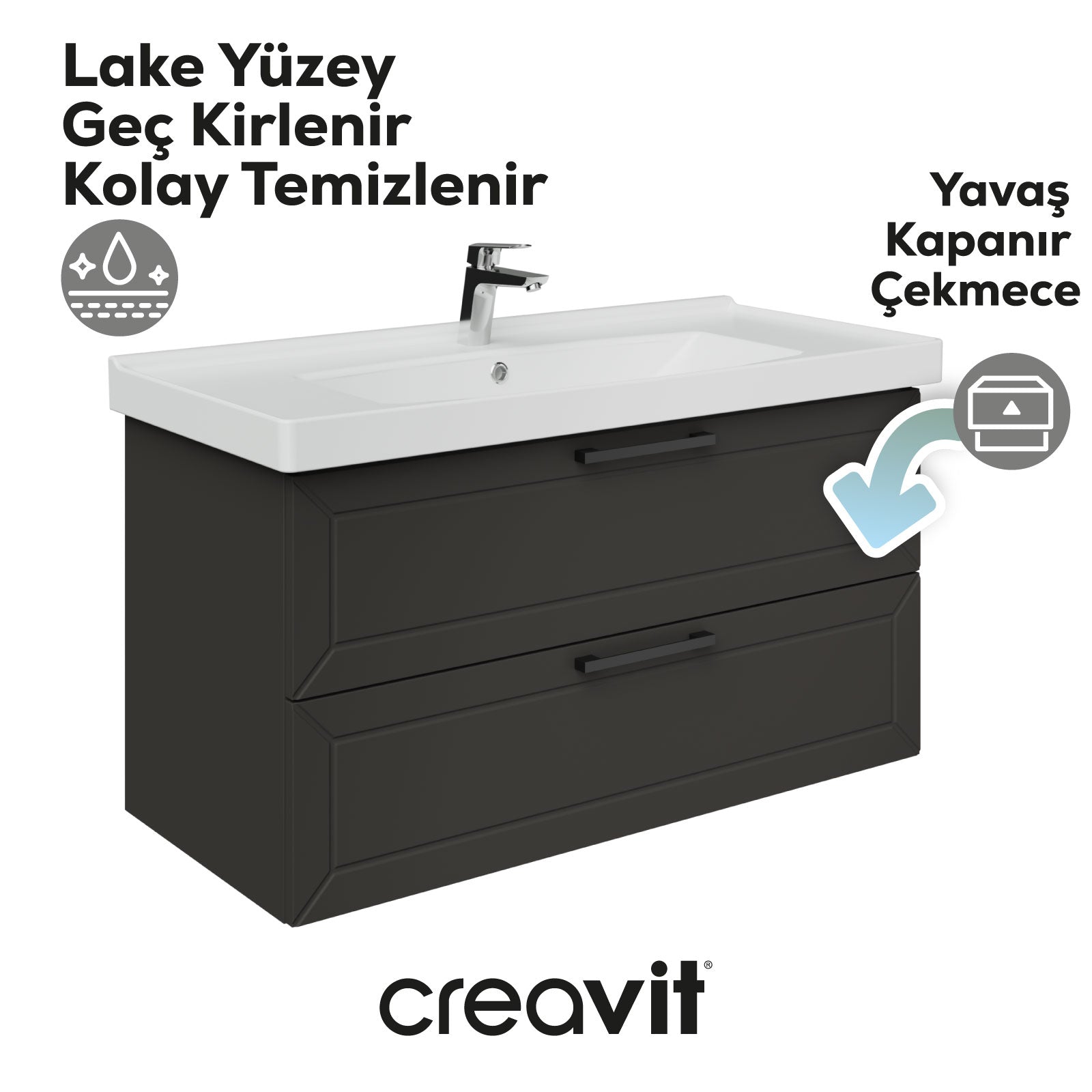 D20 100 Cm İki Çekmeceli Lavabo Dolabı Antrasit Lake Kapak