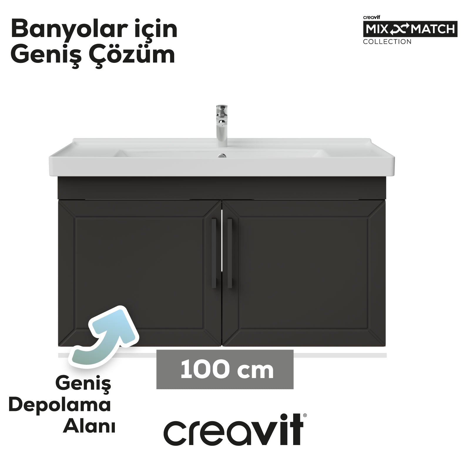 D20 100 Cm Kapaklı Lavabo Dolabı Antrasit Lake