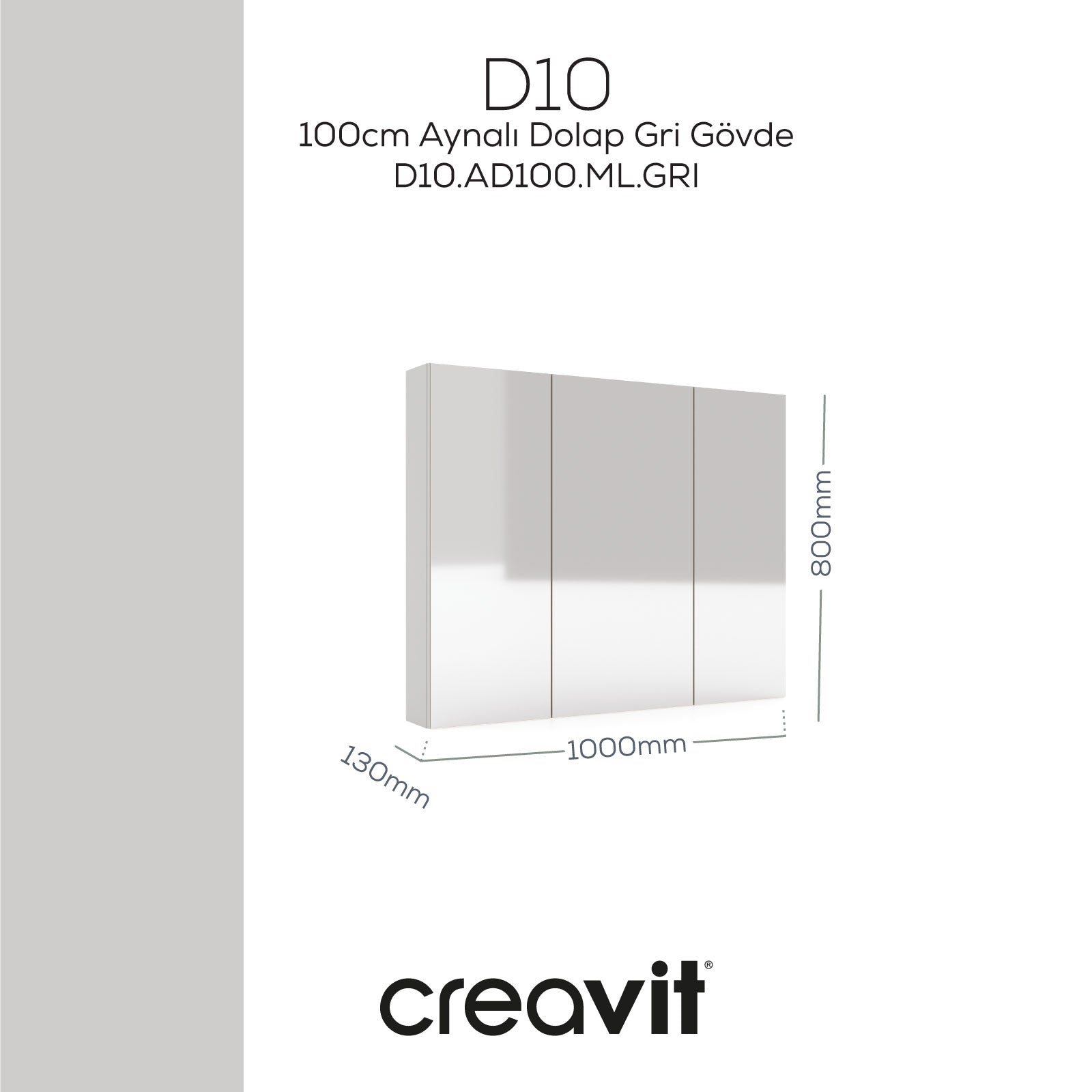 D20 100 cm Melamin Aynalı Dolap Gri