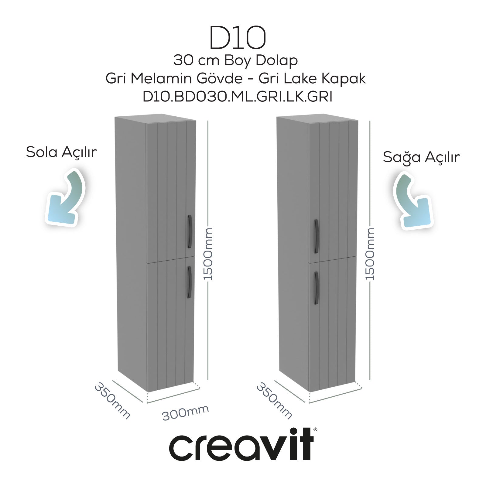 D10 30cm SAĞ Boy Dolabı Melamin Gri Gövde Lake Gri Kapak