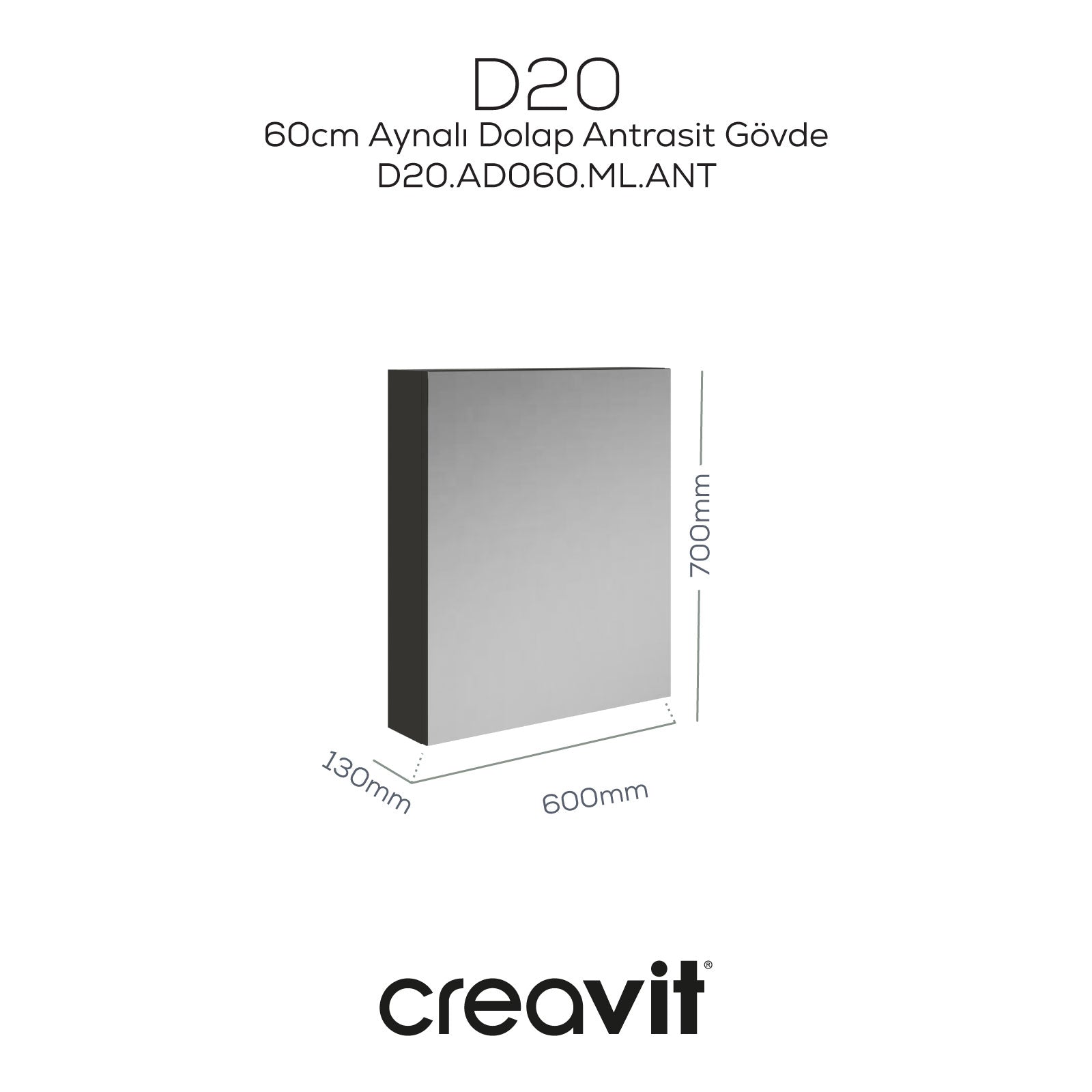 D20 60 cm Melamine Mirrored Cabinet Anthracite