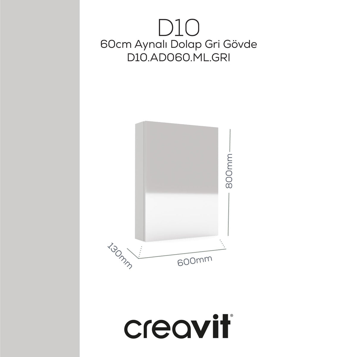 D20 60cm Melamin Aynalı Dolap Gri