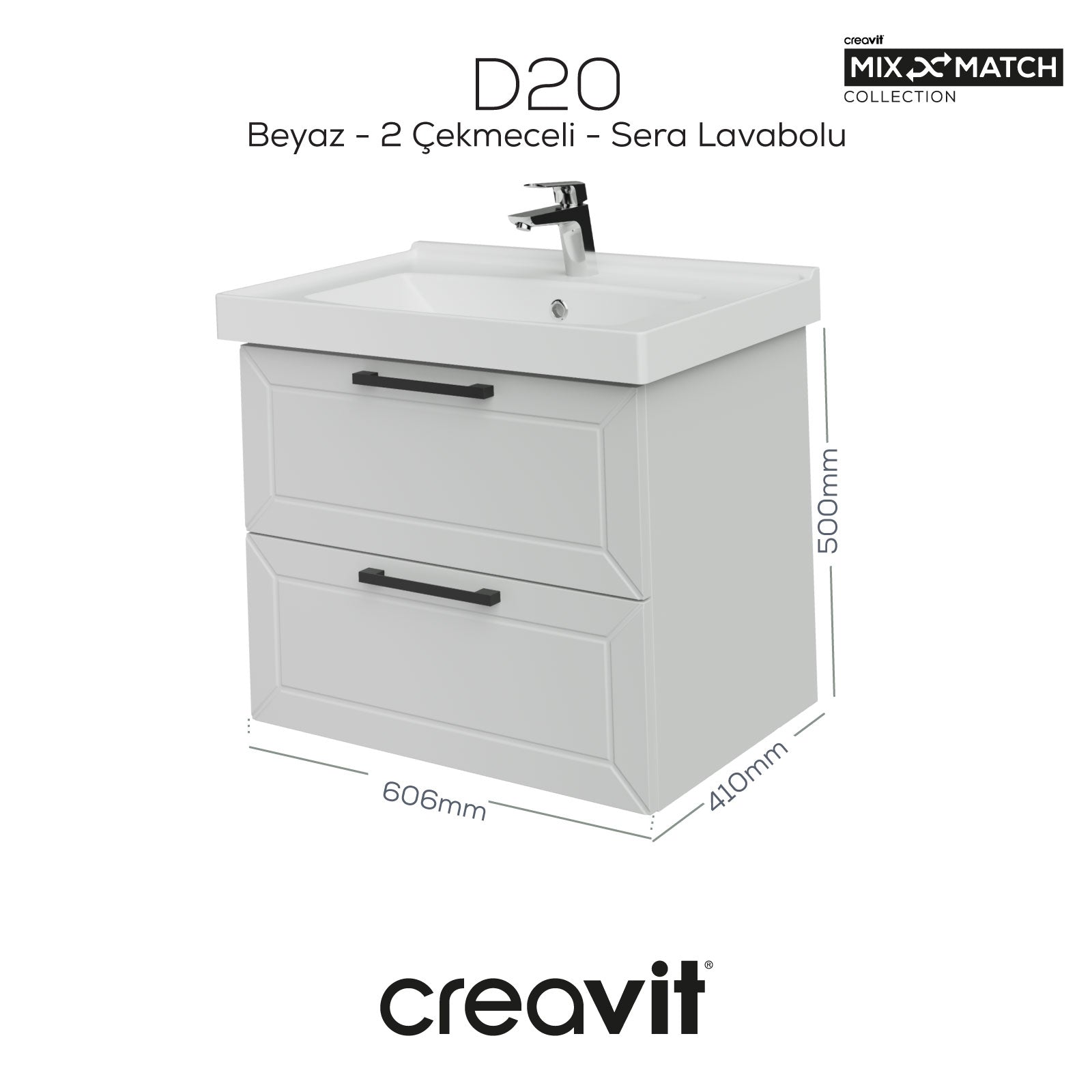 D20 65 Cm İki Çelmeceli Lavabo Dolabı Beyaz Lake Kapak