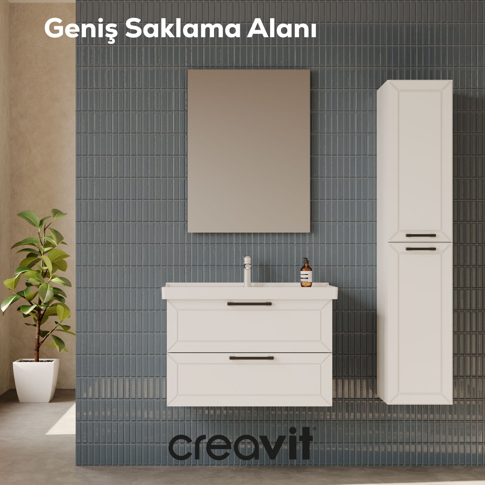 D20 65 Cm İki Çelmeceli Lavabo Dolabı Beyaz Lake Kapak