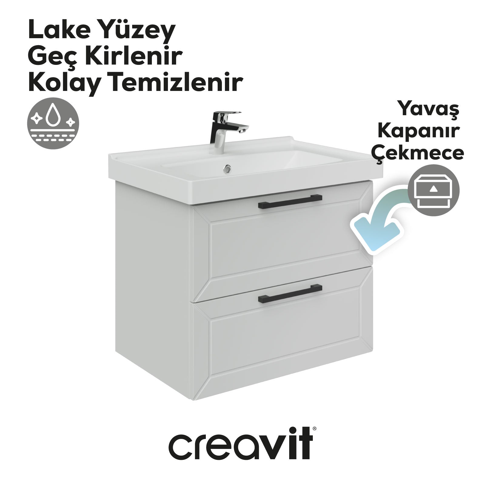 D20 65 Cm İki Çelmeceli Lavabo Dolabı Beyaz Lake Kapak