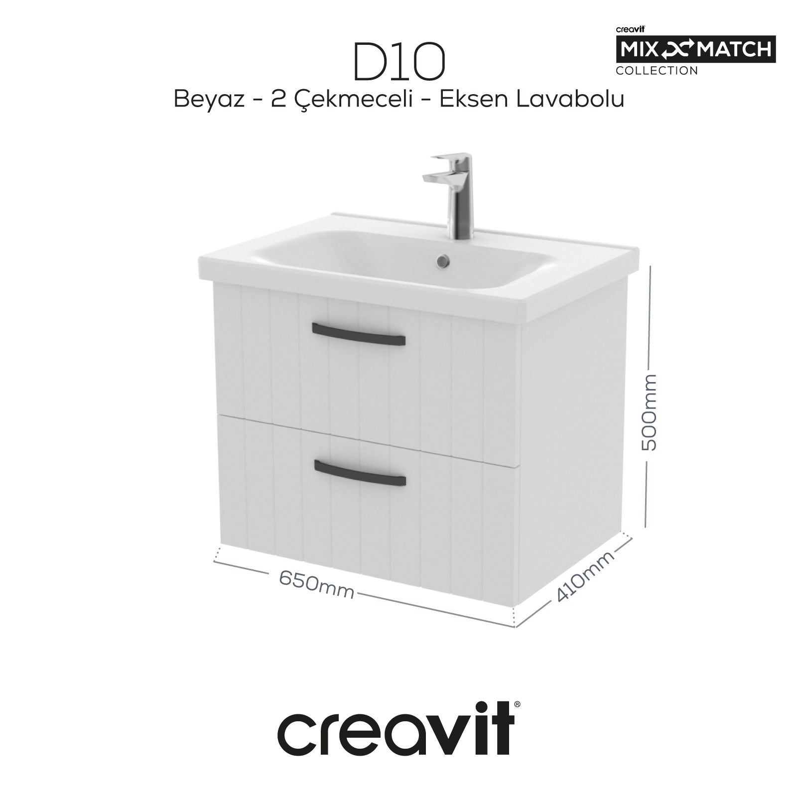 D10 Sink Cabinet with Two Drawers 65 cm White Lacquer