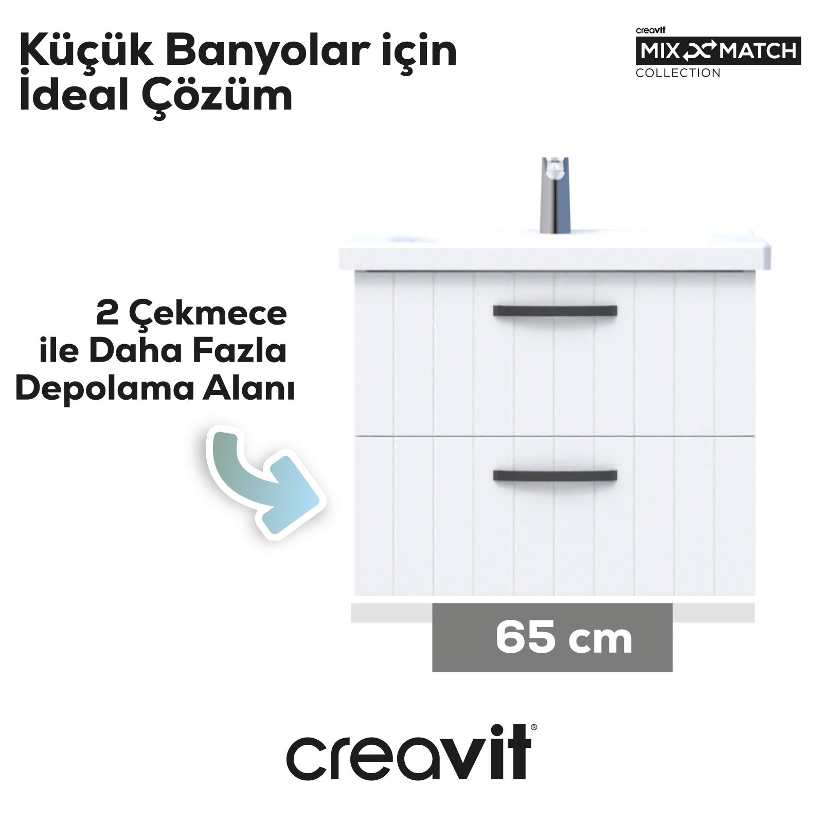 D10 Sink Cabinet with Two Drawers 65 cm White Lacquer
