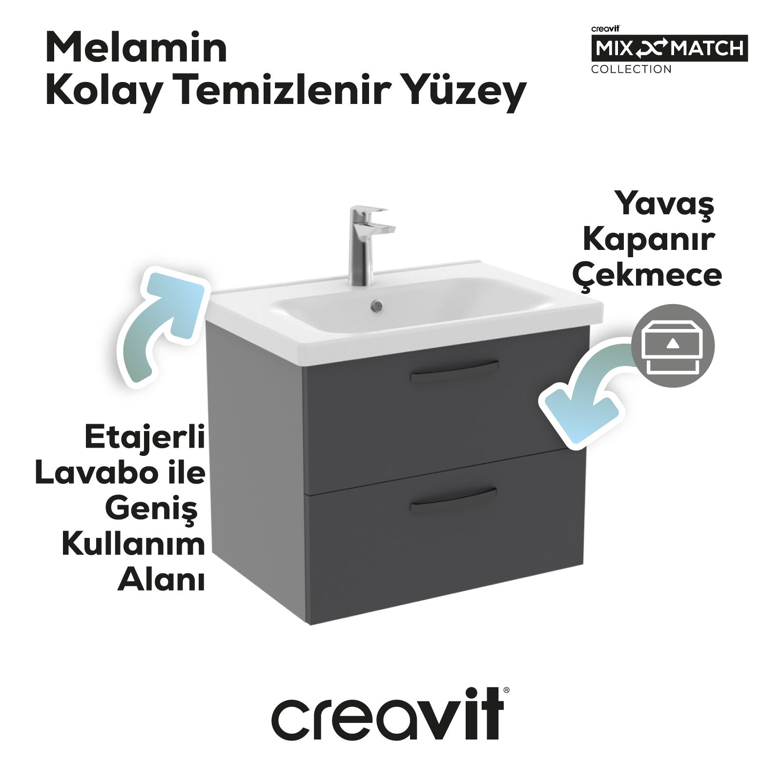 D20 65cm İki Çekmeceli Lavabo Dolabı Gri (Demonte)