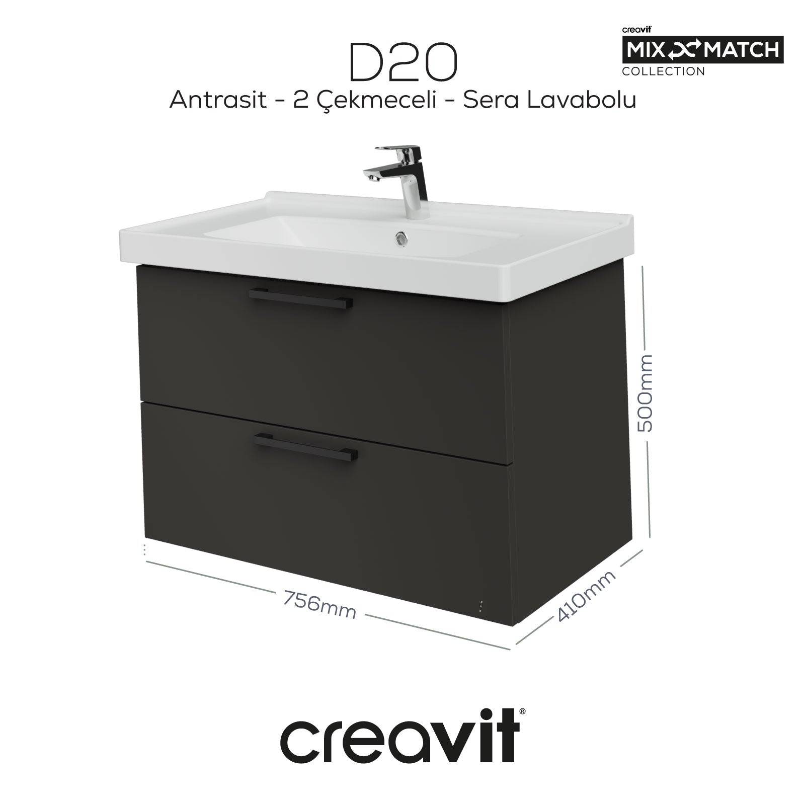 D20 80 Cm İki Çekmeceli Lavabo Dolabı Antrasit Melamin Kapak (Demonte)