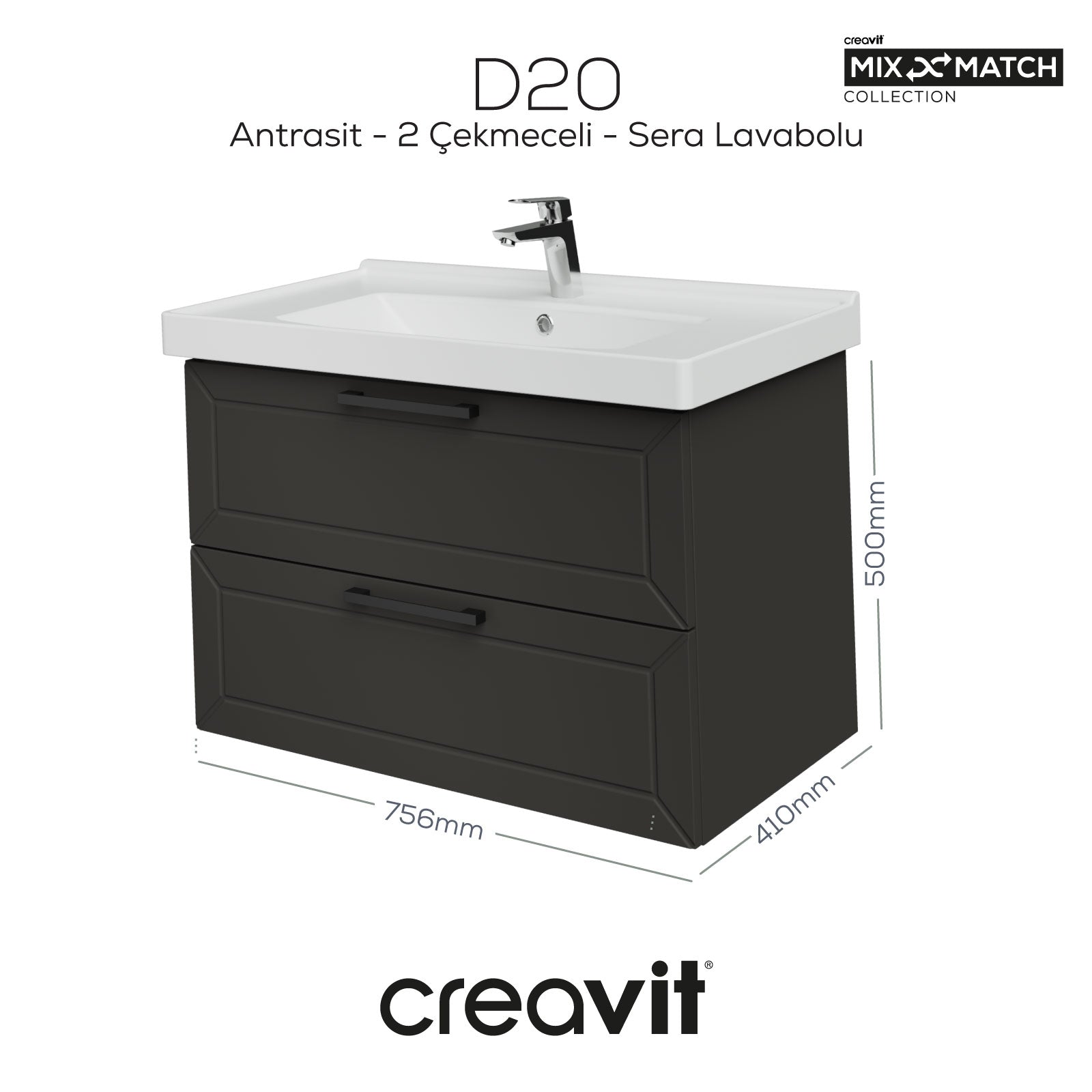 D20 80 Cm İki Çekmeceli Lavabo Dolabı Antrasit Lake Kapak (Demonte)