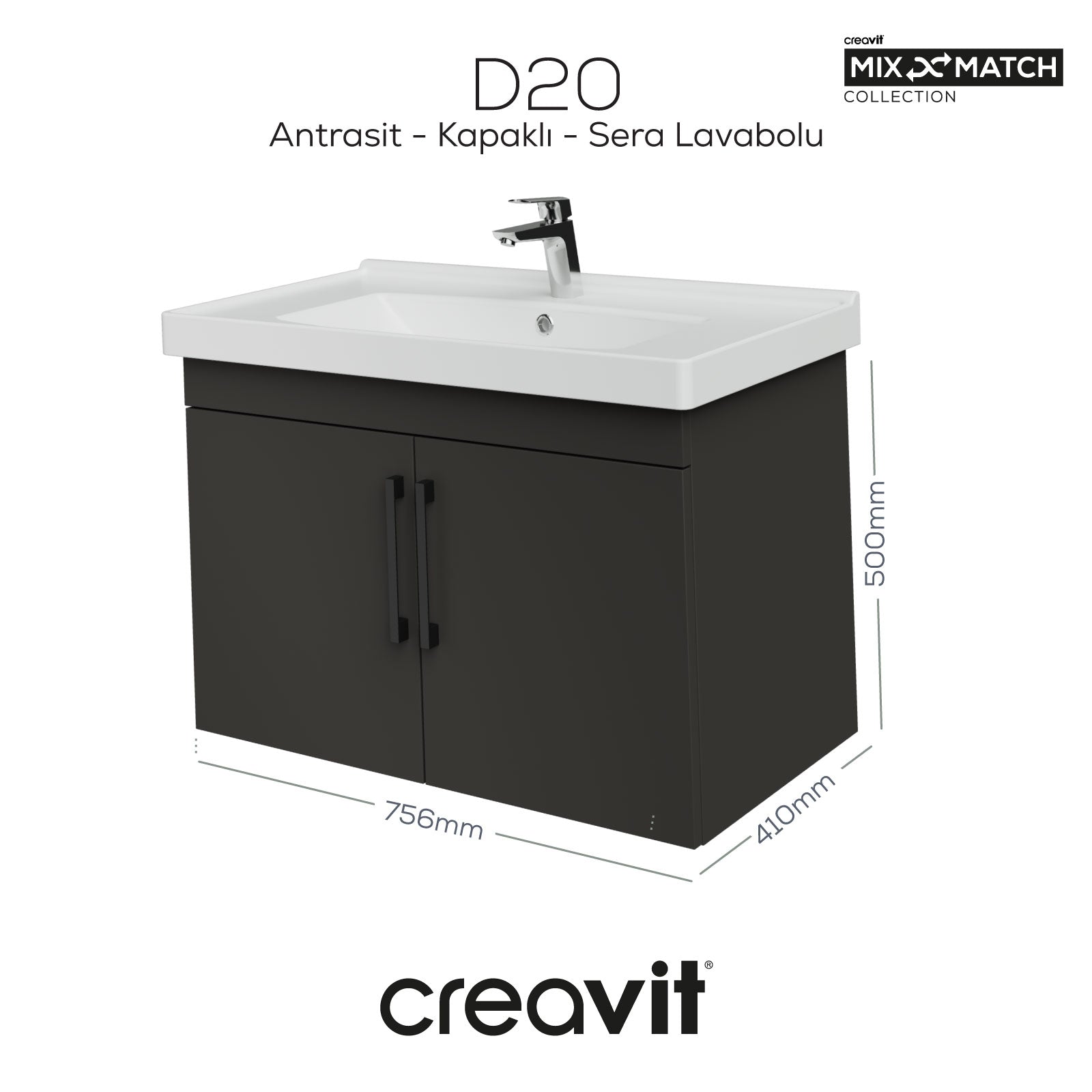 D20 80 cm Washbasin Cabinet with Cover, Anthracite Melamine Cover (Disassembled)