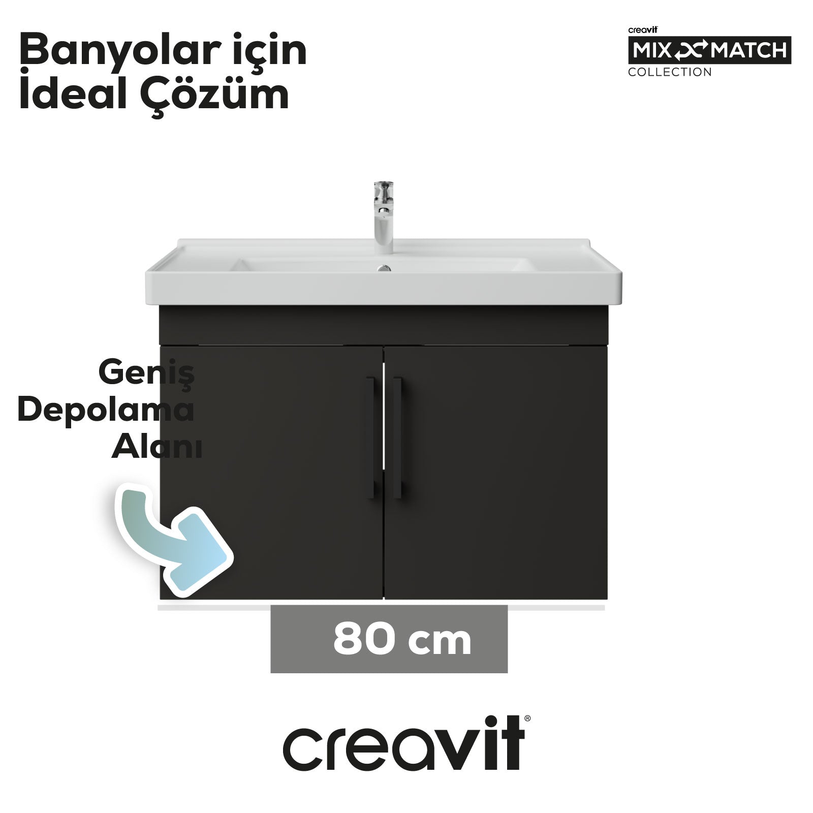 D20 80 cm Washbasin Cabinet with Cover, Anthracite Melamine Cover (Disassembled)