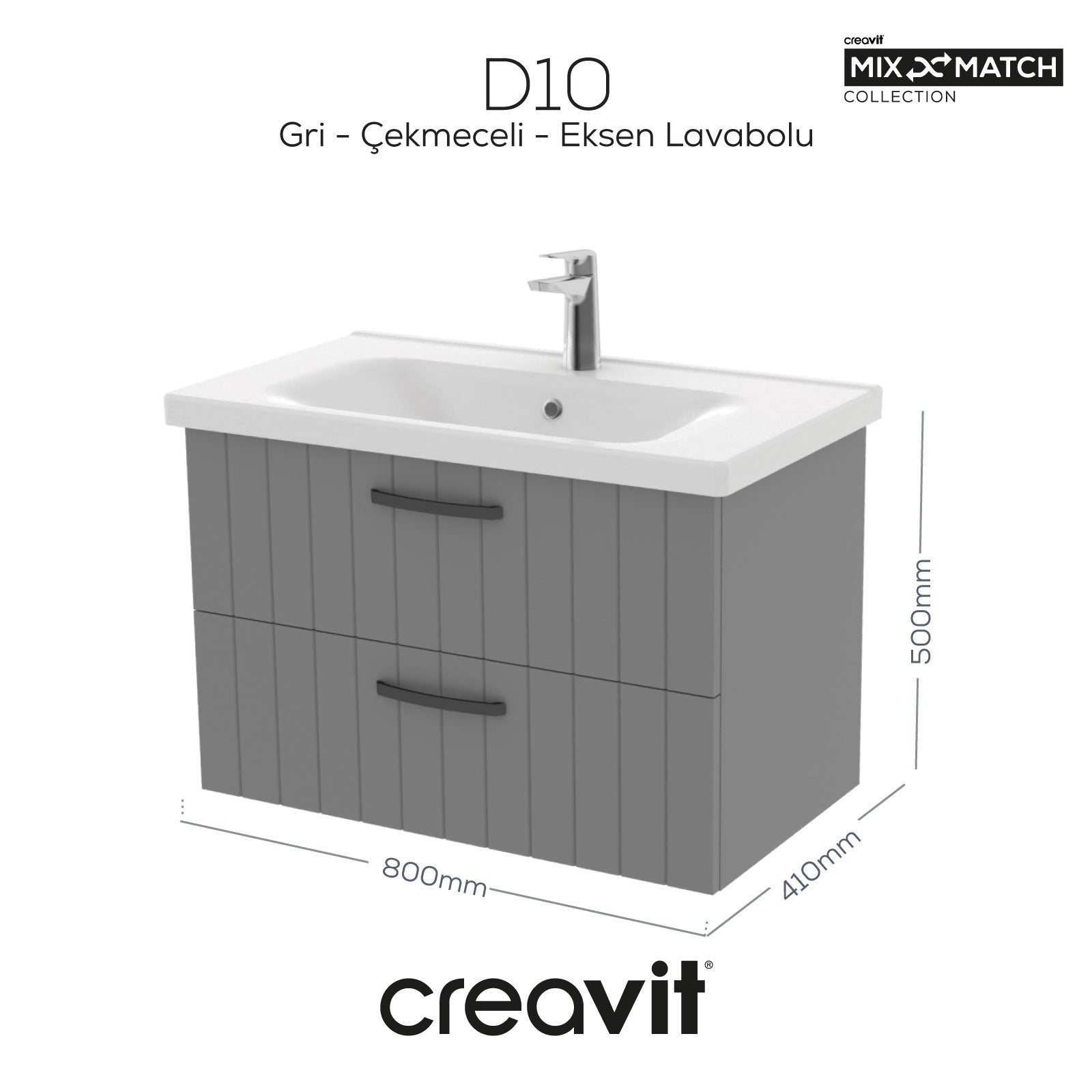 D20 80cm İki Çekmeceli Lavabo Dolabı Çizgili Gri Lake Kapak (Demonte)