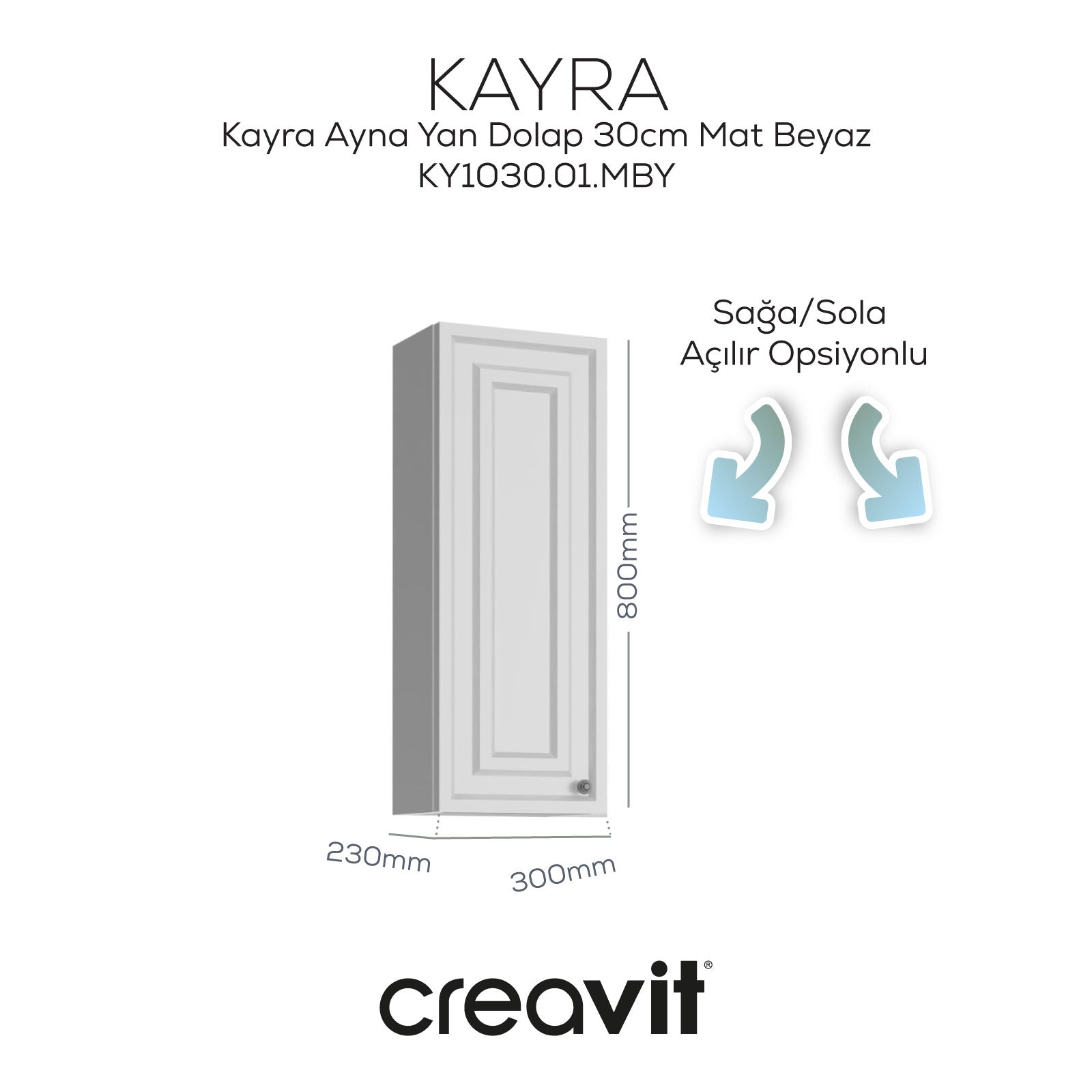 Kayra Ayna Yan Dolabı 30cm Mat Beyaz