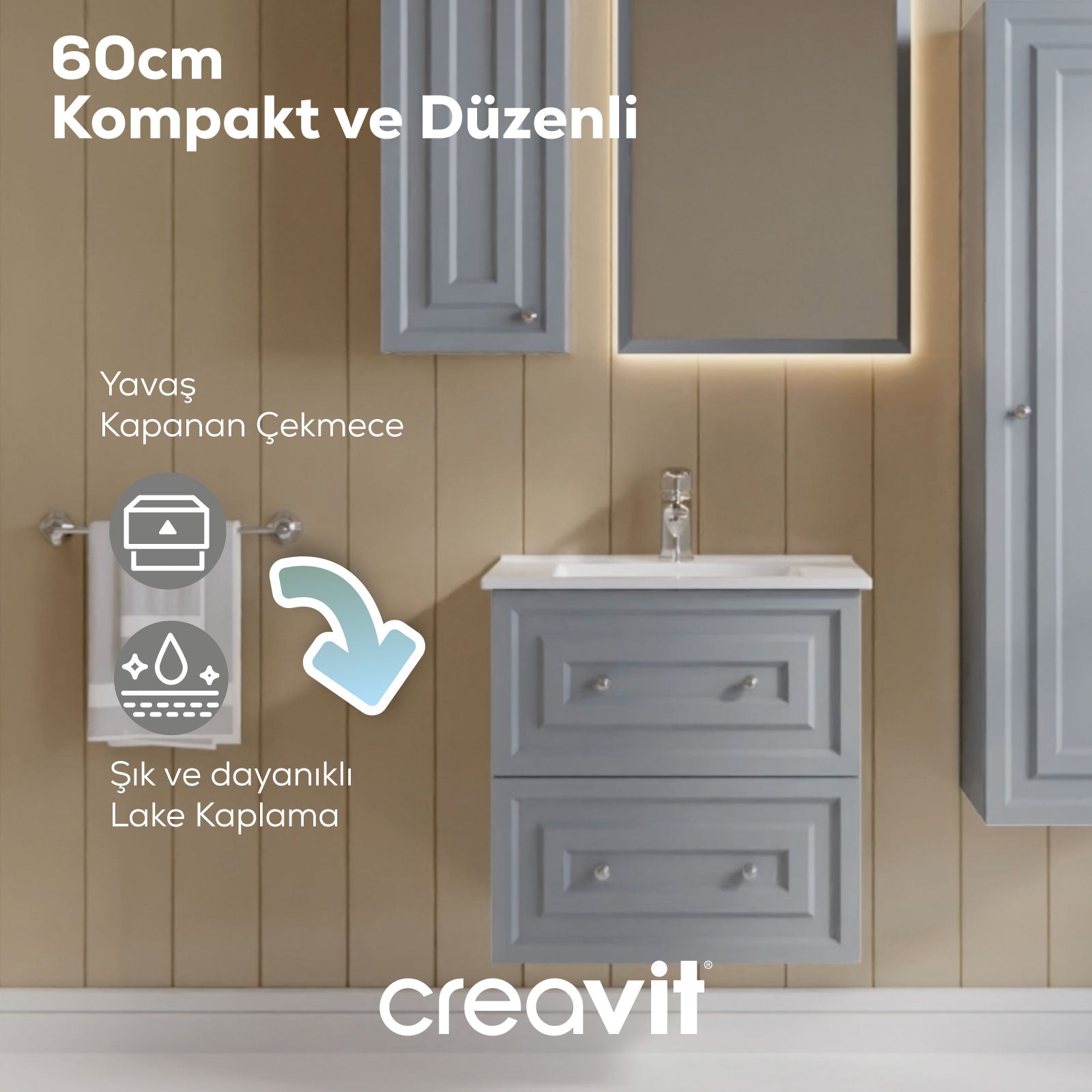 Kayra Lavabo Dolabı Çekmeceli 60cm Mat Gri