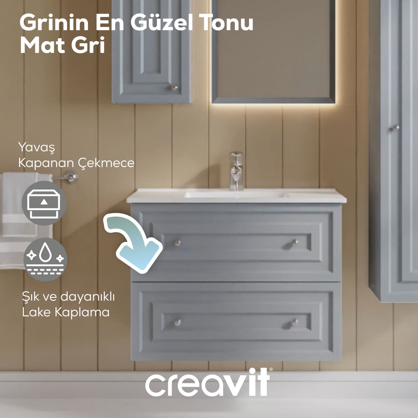 Kayra Lavabo Dolabı Çekmeceli 80cm Mat Gri