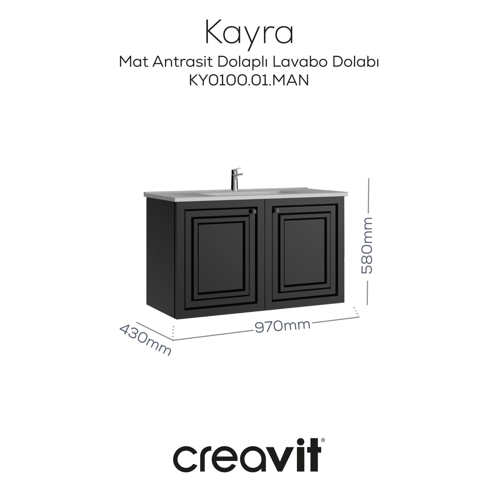 Kayra Lavabo Dolabı Kapaklı 100cm Mat Antrasit