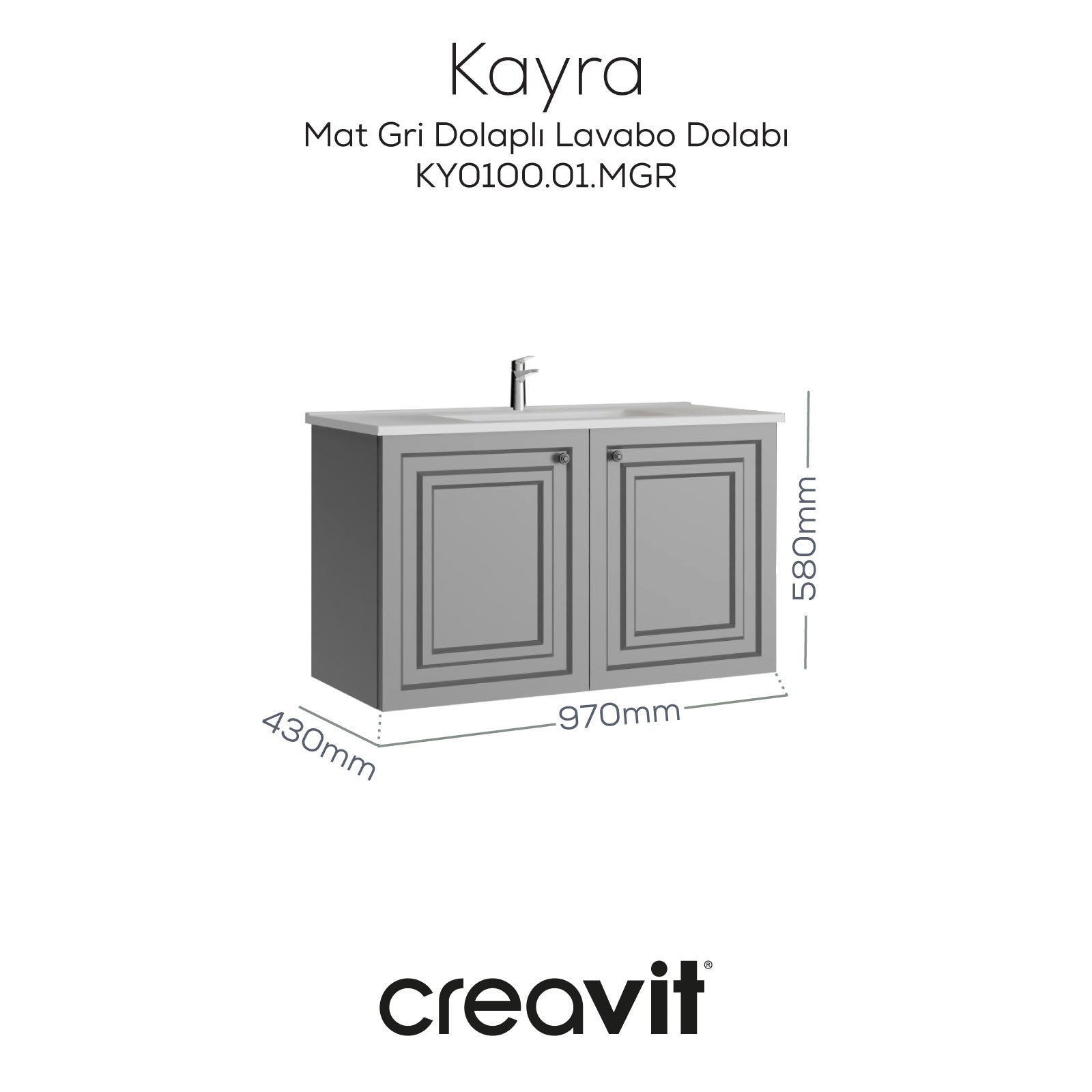 Kayra Lavabo Dolabı Kapaklı 100cm Mat Gri
