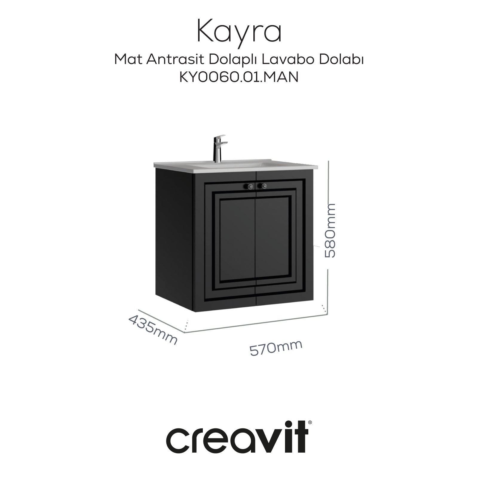 Kayra Lavabo Dolabı Kapaklı 60cm Mat Antrasit