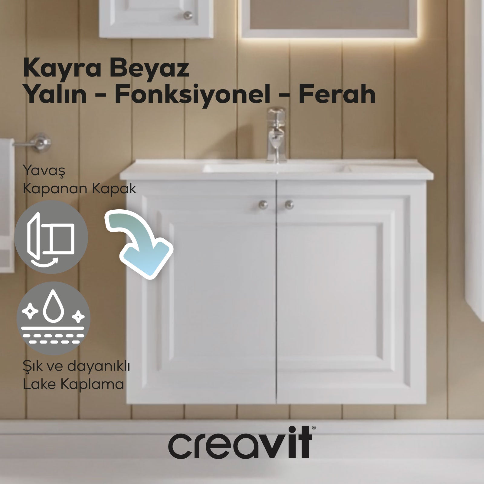 Kayra Lavabo Dolabı Kapaklı 80cm Mat Beyaz