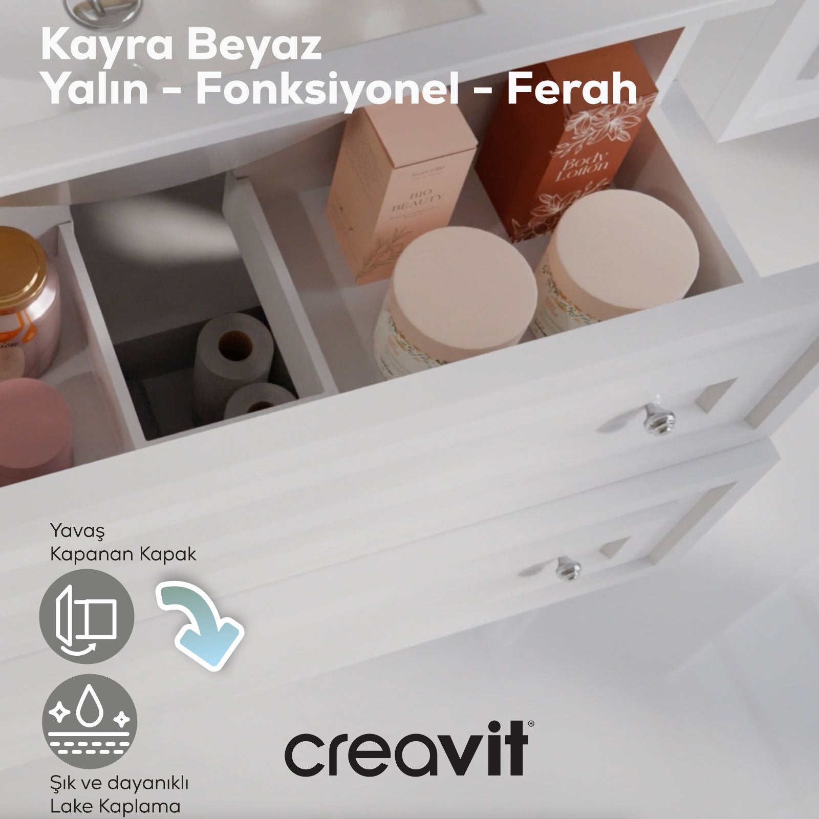 Kayra Mat Beyaz Lavabo Dolabı Çekmeceli 100cm