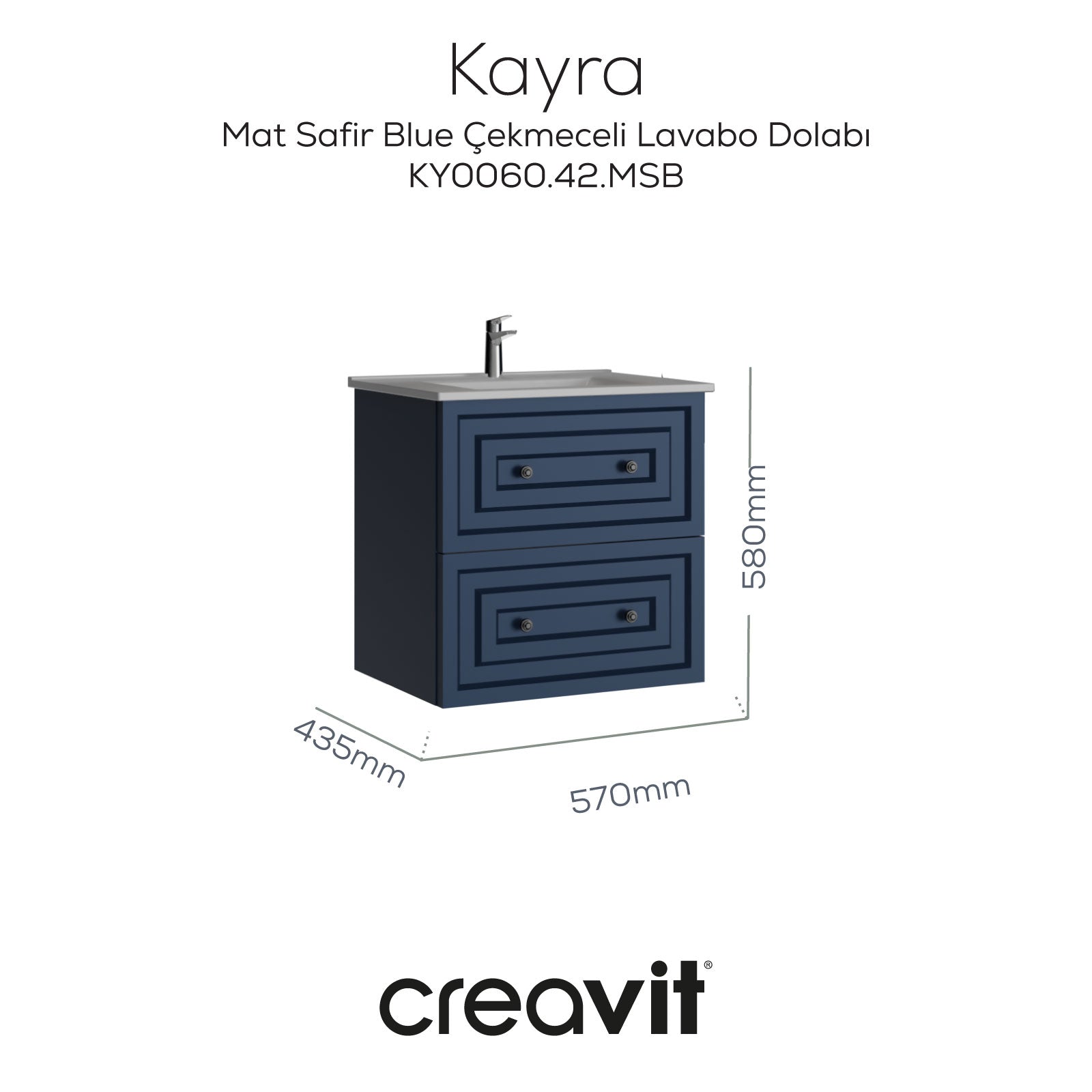 Kayra Sink Cabinet with Drawers 60cm Matte SafireBlue