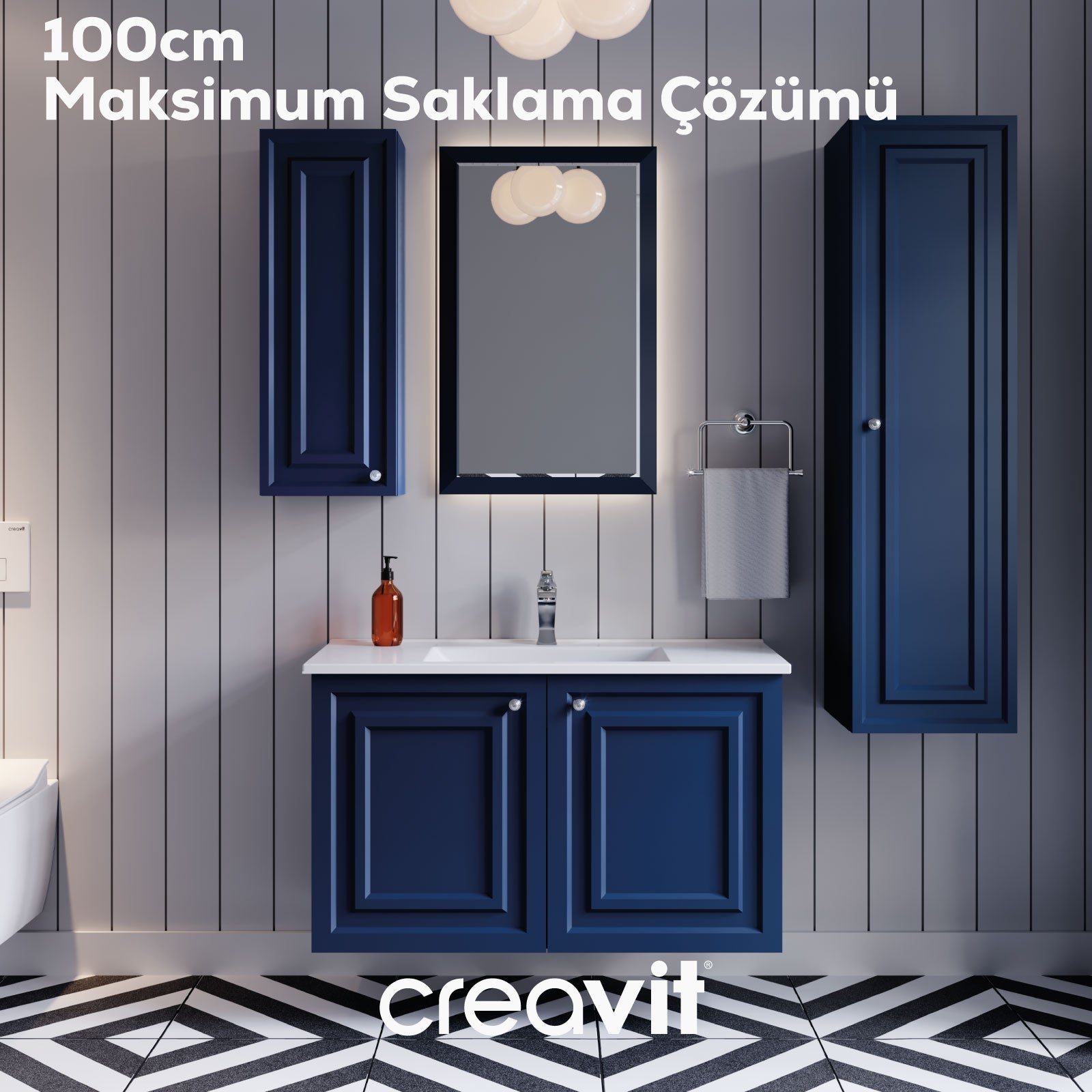 Kayra Mat Safir Blue Lavabo Dolabı Kapaklı 100cm