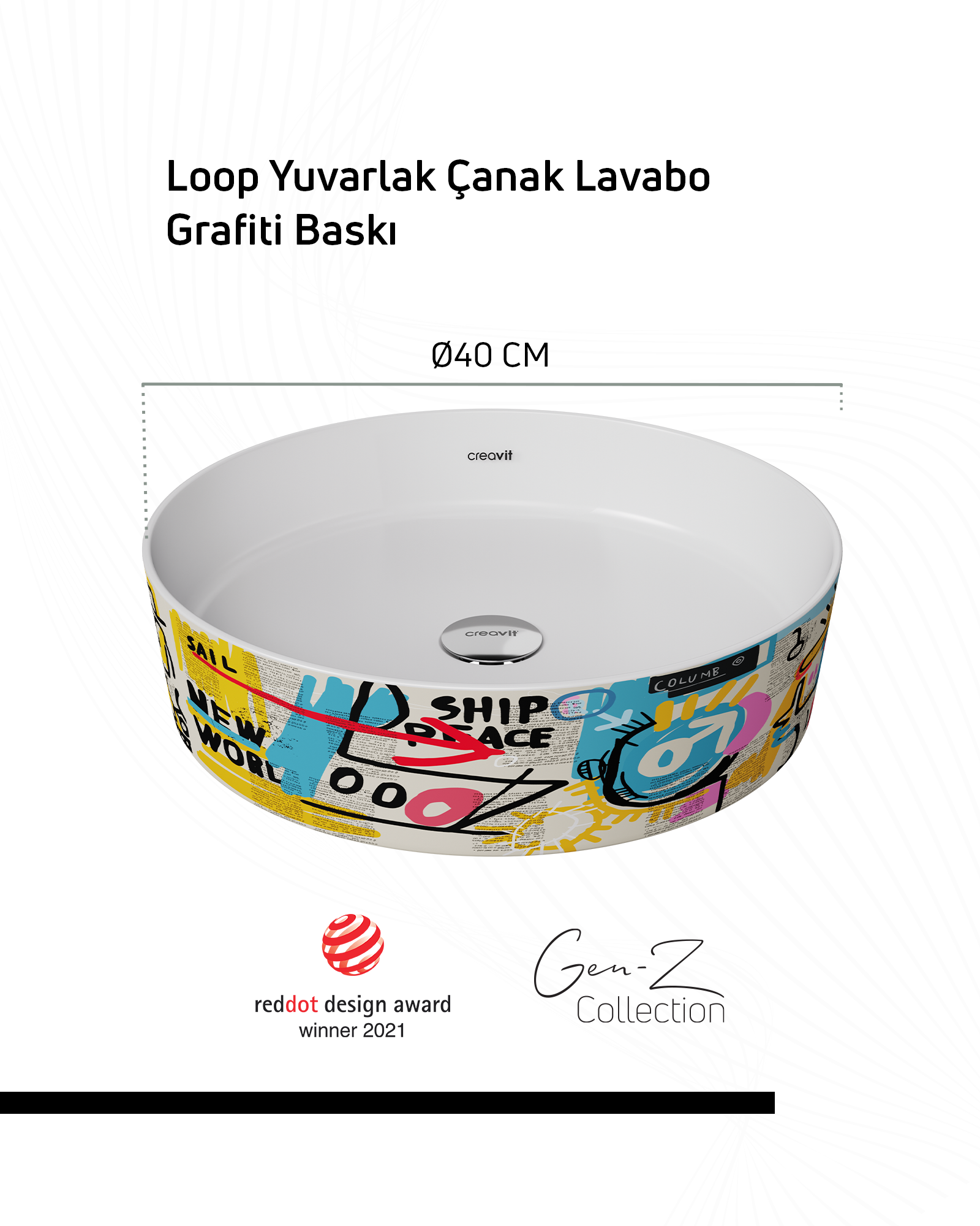 Loop Gen-Z Rundes Tischbecken Ø40 cm Graffiti-Print Extra Weiß