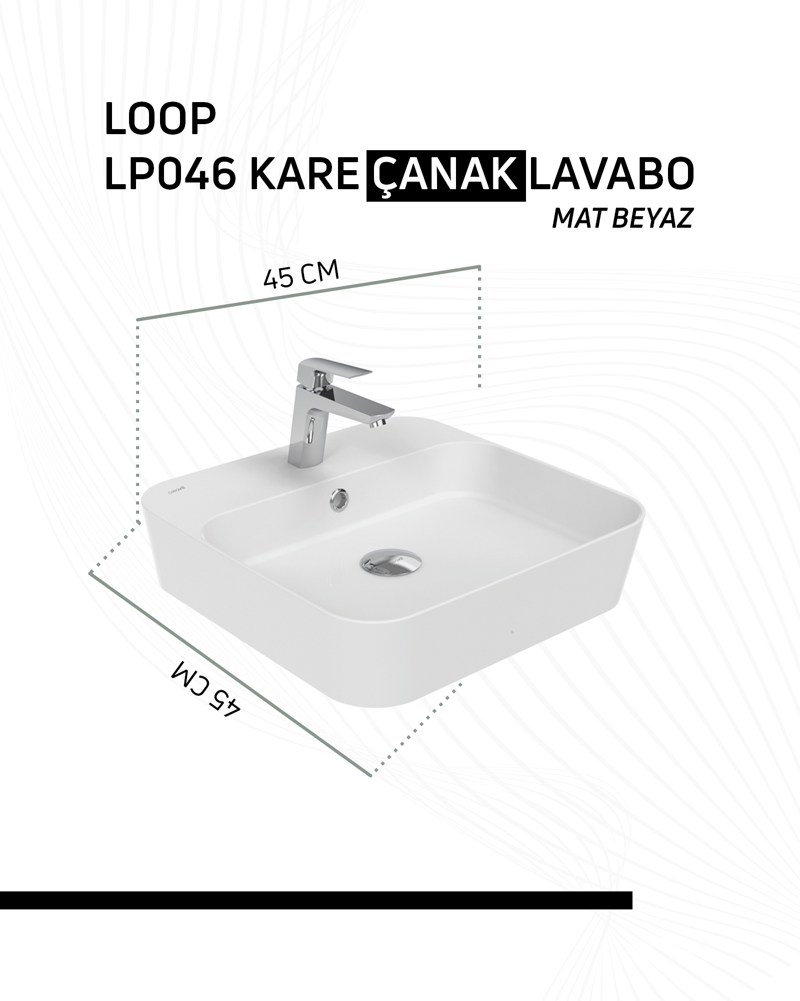 Loop Kare Masa Üstü İnce Çanak Lavabo 45 cm Extra Mat Beyaz