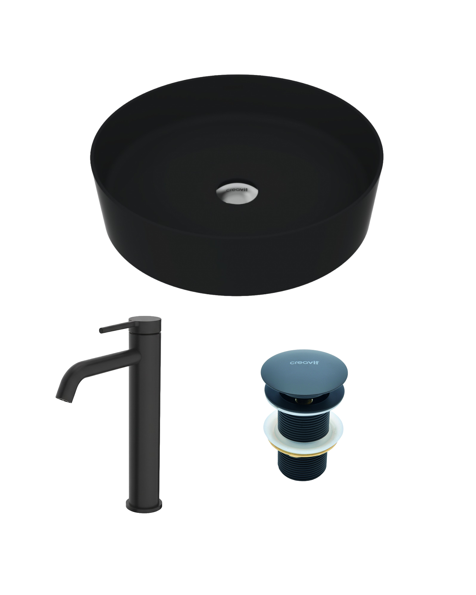 Loop Siyah Mat Çanak Lavabo Armatür ve Sifon Başlığı Set