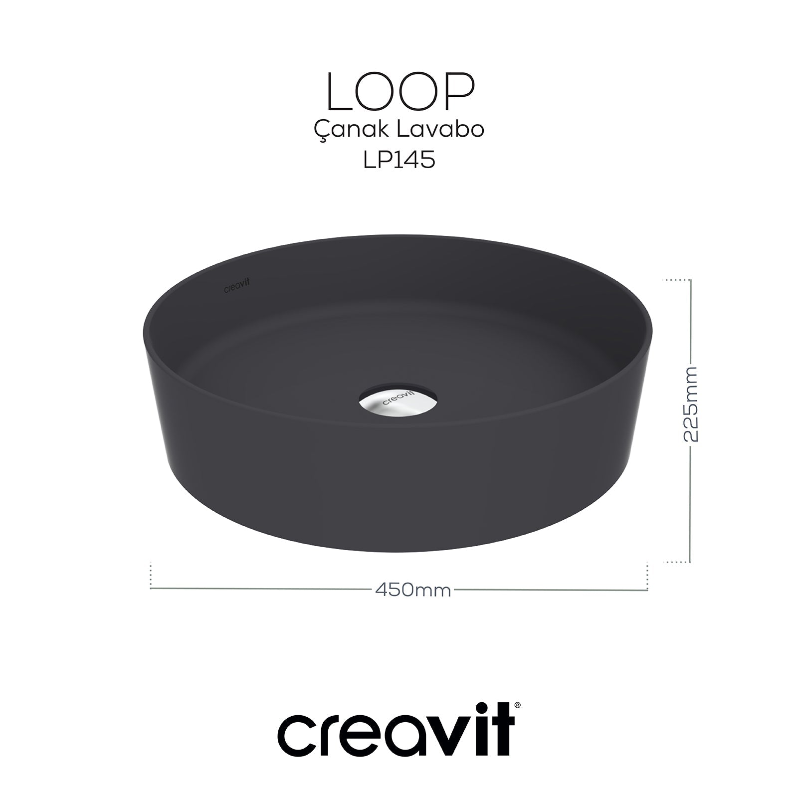 Loop Yuvarlak Çanak Lavabo Ø45 cm Mat Antrasit