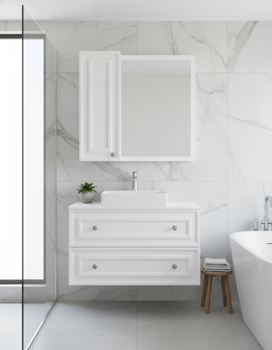 Perge 100 Cm Lavabo Dolabı Mat Beyaz Led Ayna ve Ayna yan dolap Seti