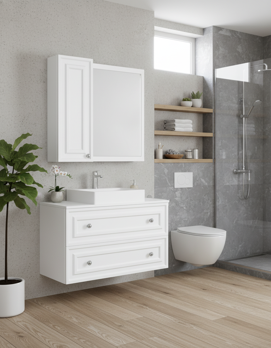 Perge 100 Cm Lavabo Dolabı Mat Beyaz Led Ayna ve Ayna yan dolap Seti