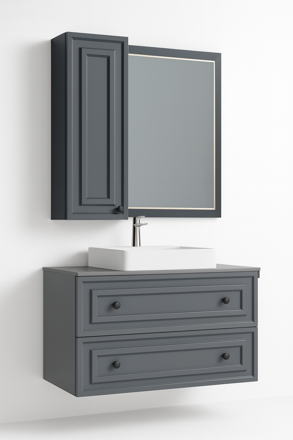 Perge 100 Cm Lavabo Dolabı Mat Gri Led Ayna ve Ayna Yan Dolap Seti