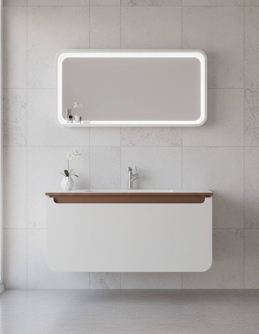 Pion 120 Cm Lavabo Dolabı Beyaz Cappucino ve Led Ayna