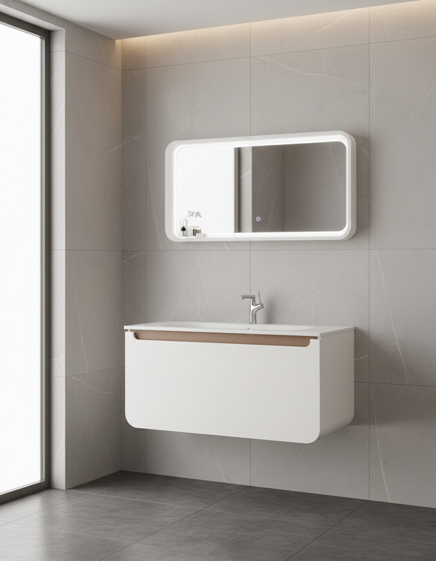 Pion 120 Cm Lavabo Dolabı Beyaz Cappucino ve Led Ayna