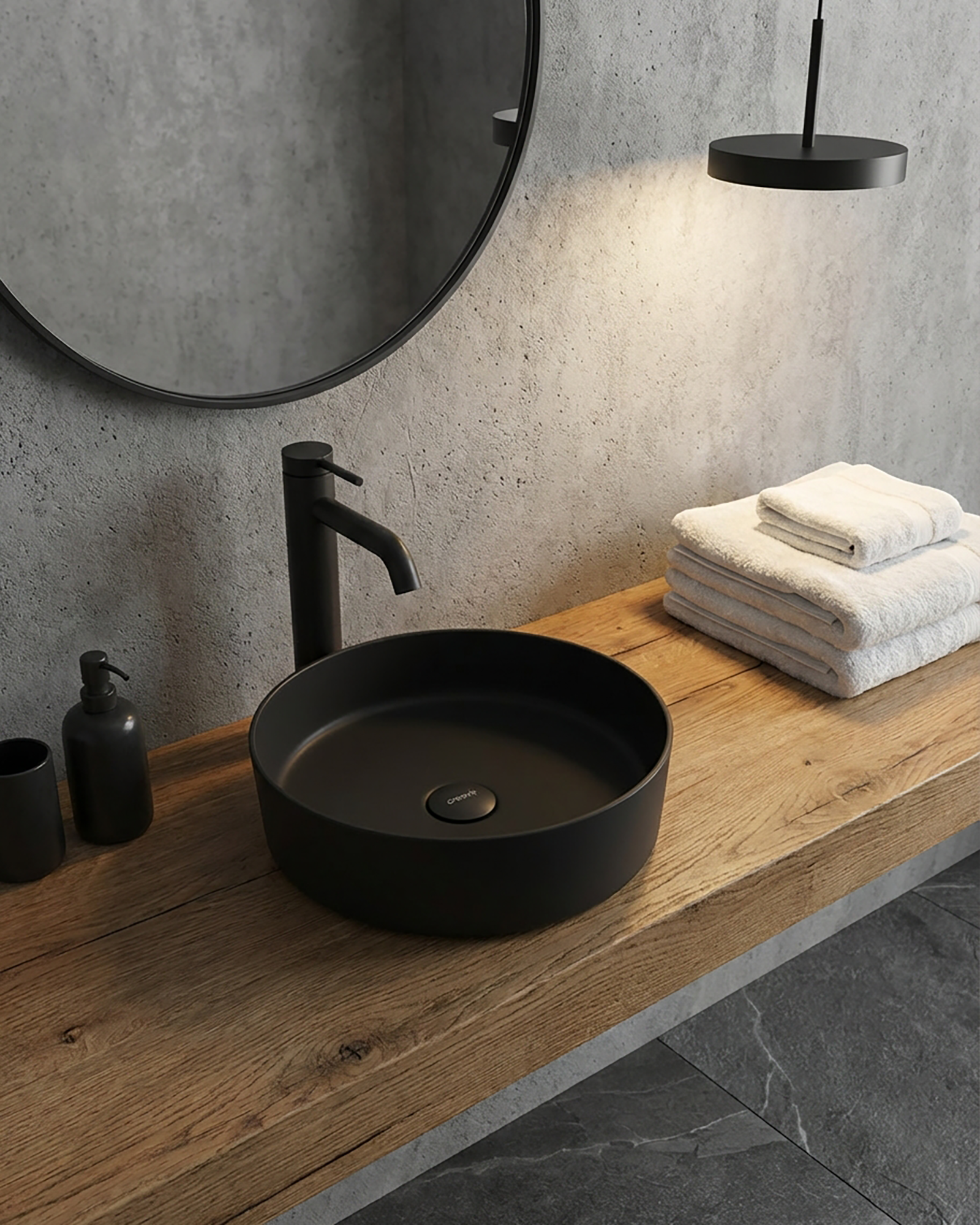 Loop Siyah Mat Çanak Lavabo Armatür ve Sifon Başlığı Set