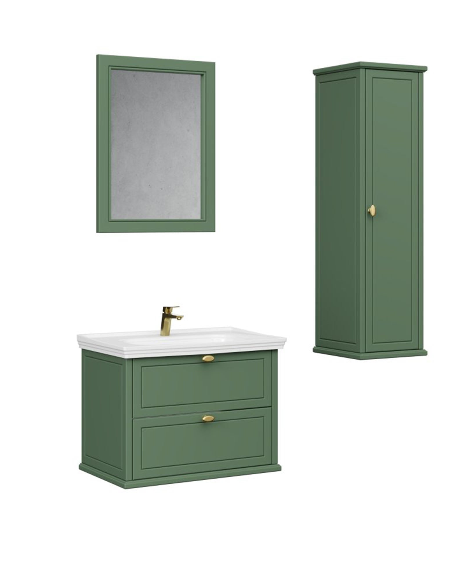 Antik İki Çekmeceli 80 Cm Zeytuni Lavabo Dolabı Seti